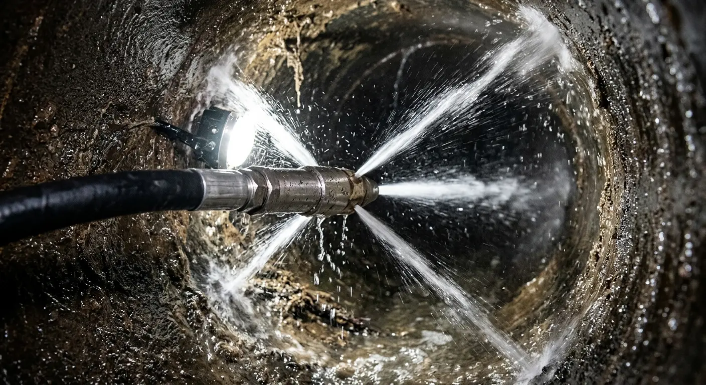 High-pressure hydro jetting nozzle cleaning sewer pipe for Storm Drain Cleaning in Sun Prairie
