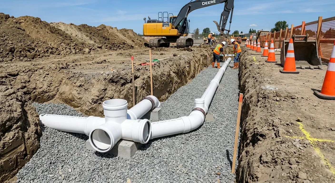 New PVC sewer pipe installation in open trench for Sewer Camera Inspection in Sun Prairie