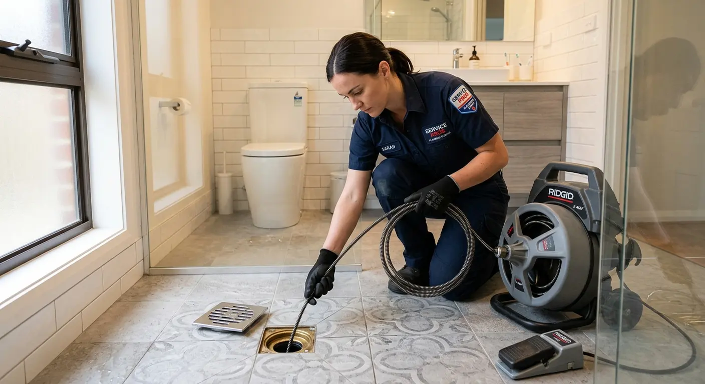 Technician clearing a bathroom floor drain for Sewer Line Installation in Sun Prairie
